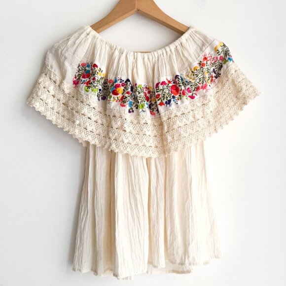 Vintage Gauze Ivory Cotton Floral Embroidered Off The Shoulder Top S - Picture 1 of 3